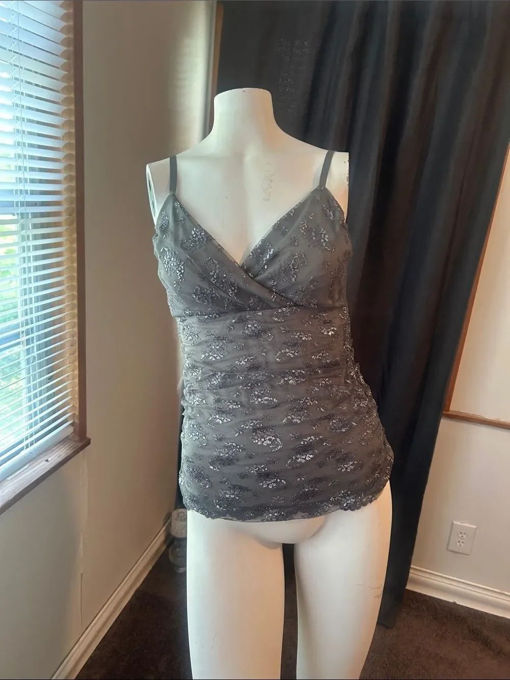 White House Black Market Silver Gray Lace Overlay Cami